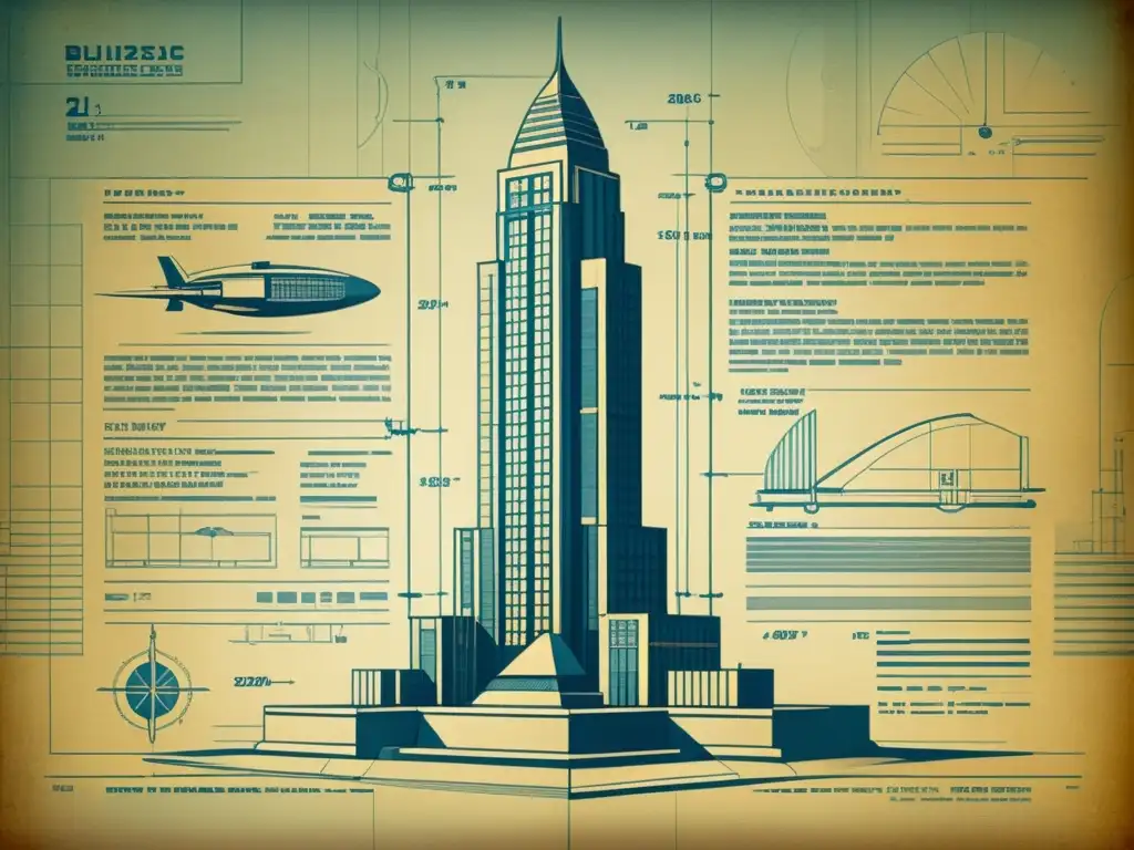 Detallado plano antiguo de rascacielos futurista