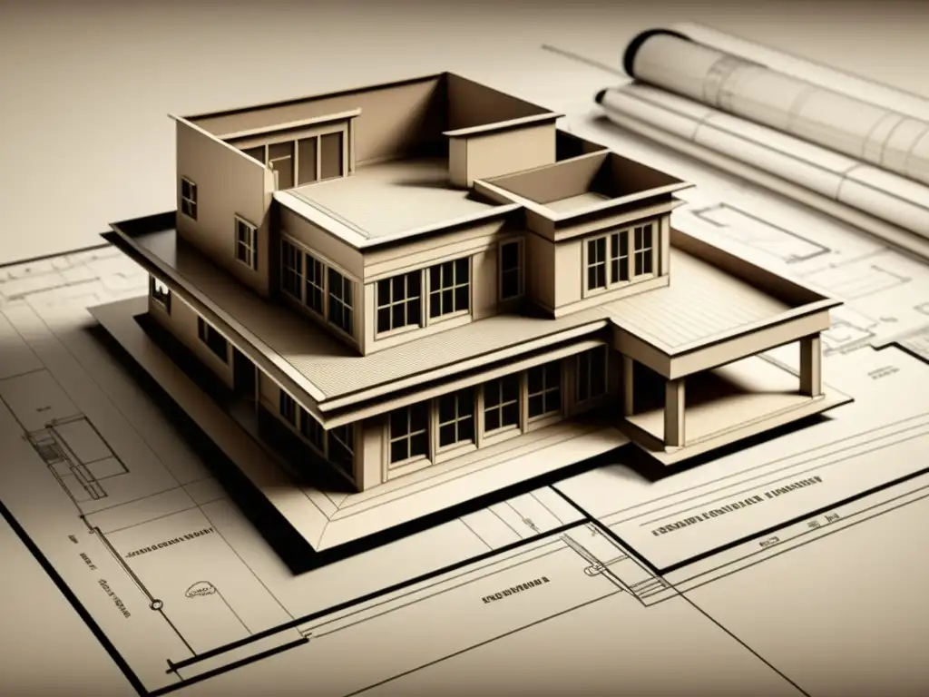 Detallado plano arquitectónico en sepia de un edificio moderno, mostrando la transición del diseño arquitectónico 2D al 3D