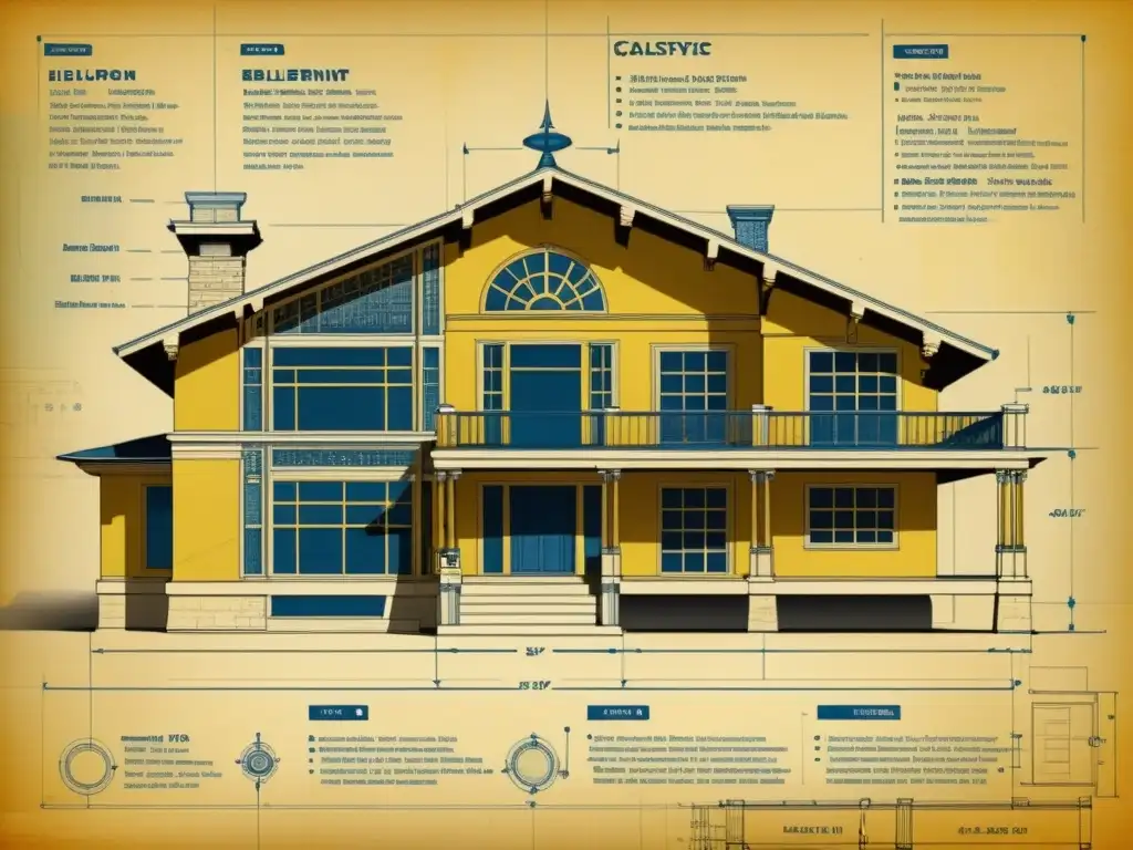 Detallado plano arquitectónico de materiales híbridos en la arquitectura, con diseño vintage y anotaciones detalladas