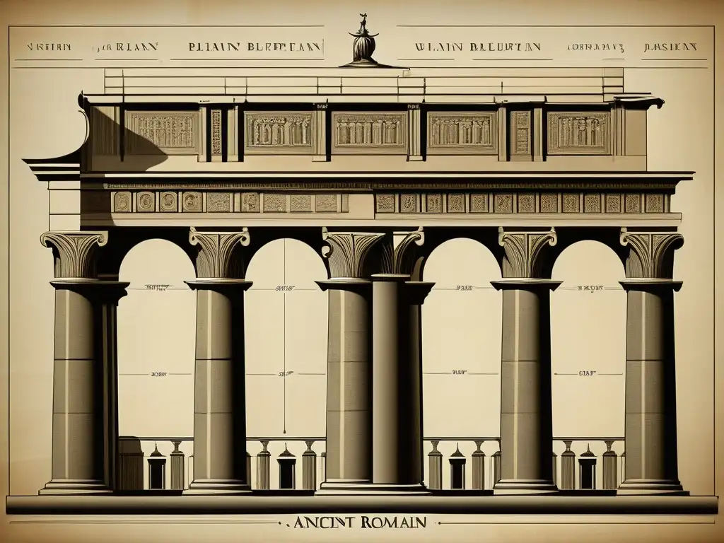 Detallado plano arquitectónico romano en sepia