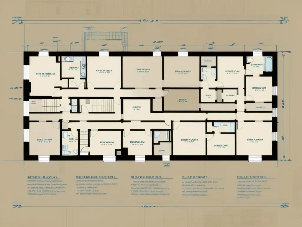 Detallado plano arquitectónico para rehabilitación social, con notas manuscritas y herramientas de dibujo en tonos sepia nostálgicos