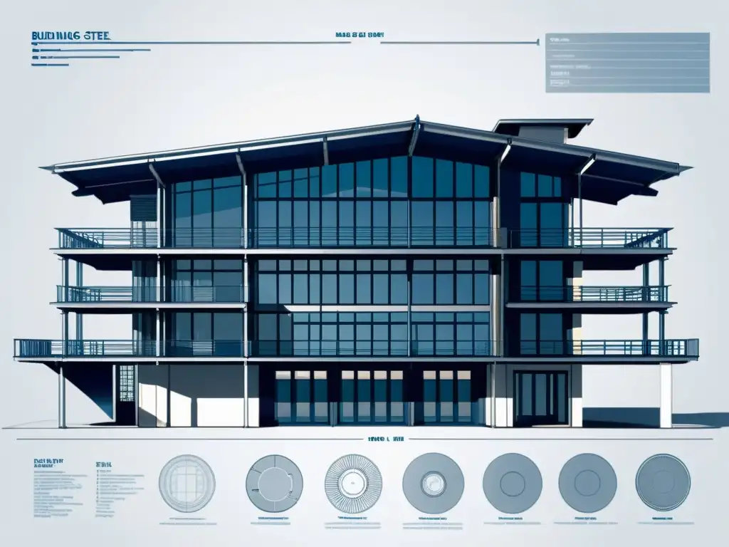 Detallado plano arquitectónico en tonos sepia de edificio sostenible con acero reciclado, evocando estética vintage y conciencia ambiental