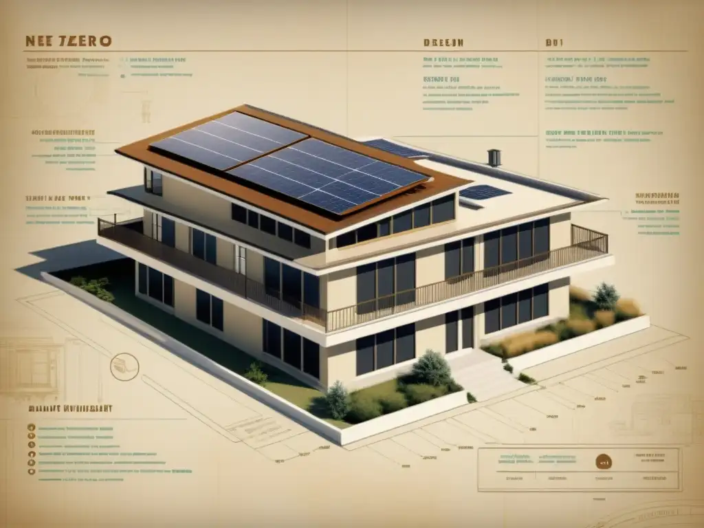 Un detallado plano arquitectónico vintage de un edificio autónomo energéticamente, con estrategias sostenibles destacadas en tonos sepia