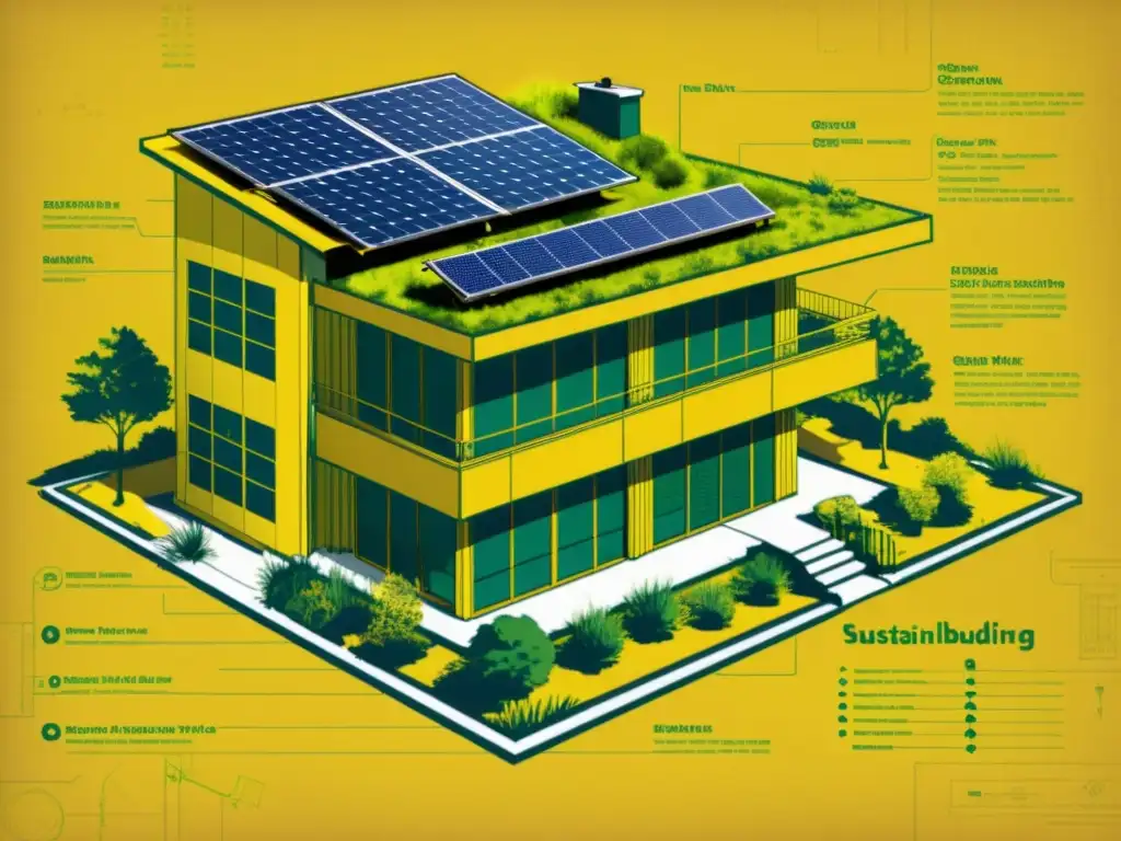 Detallado plano arquitectónico vintage de edificio ecológico con tecnologías verdes y materiales sostenibles, sobre pergamino envejecido