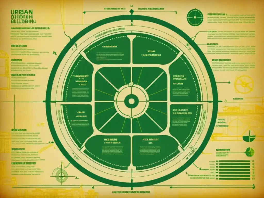 Detallado plano arquitectónico vintage de un edificio urbano circular, resaltando características sostenibles e innovadoras