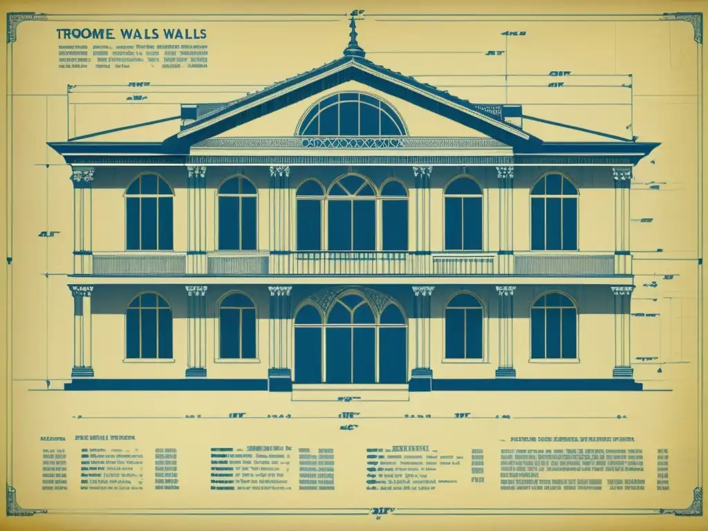 Detallado plano arquitectónico vintage con antecedentes históricos de calefacción solar pasiva y muros Trombe