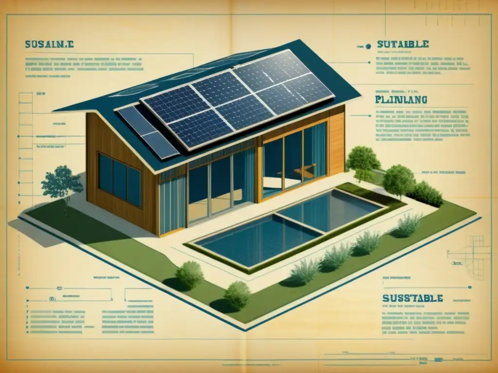 Detallado plano arquitectónico vintage de rehabilitación sostenible de espacios, con anotaciones a mano resaltando elementos eco-friendly