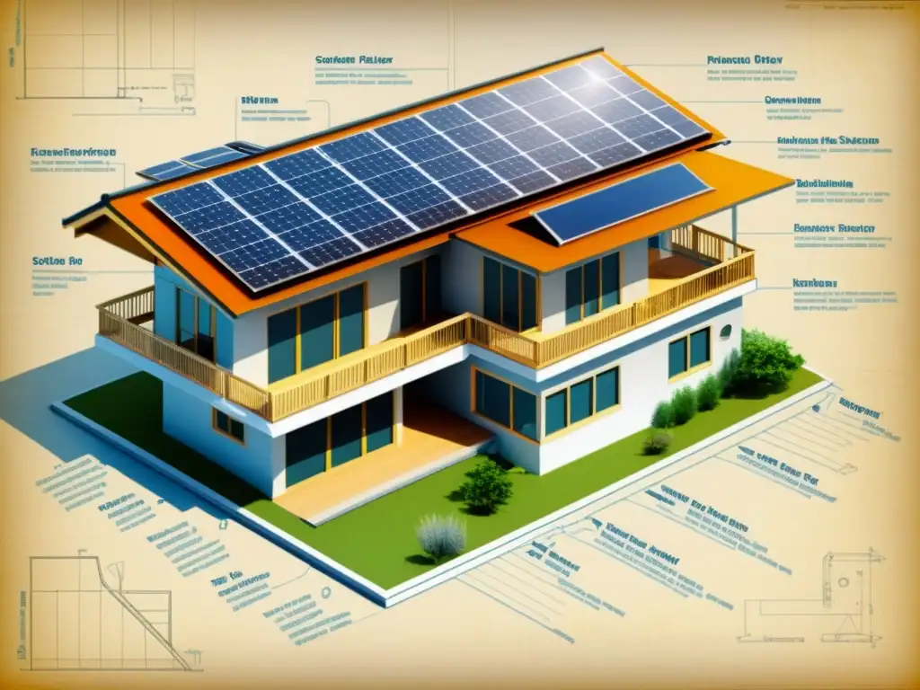 Detallado plano arquitectónico vintage de una casa ecológica con anotaciones legales y de certificación