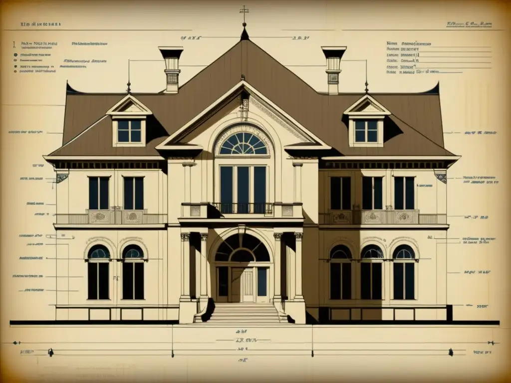 Detallado plano arquitectónico vintage con integración de inteligencia artificial en arquitectura histórica