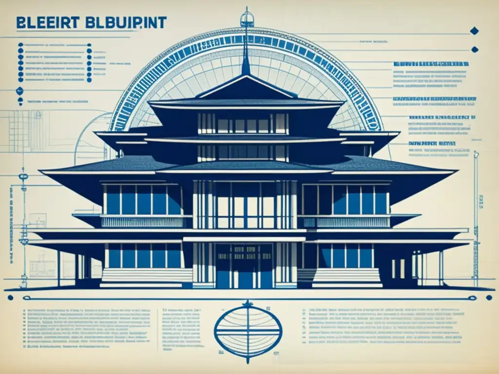 Un detallado plano arquitectónico vintage muestra un edificio futurista con elementos de inclusividad y sostenibilidad