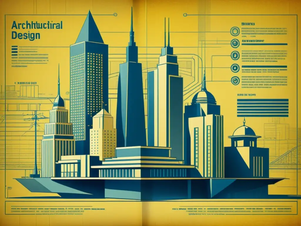 Detallado plano arquitectónico vintage de una ciudad futurista, resaltando el manejo de información en la arquitectura contemporánea