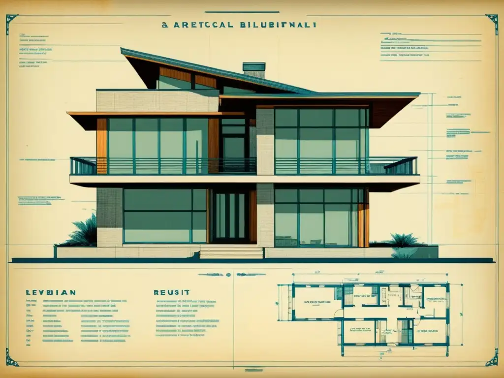 Detallado plano arquitectónico vintage con anotaciones a mano