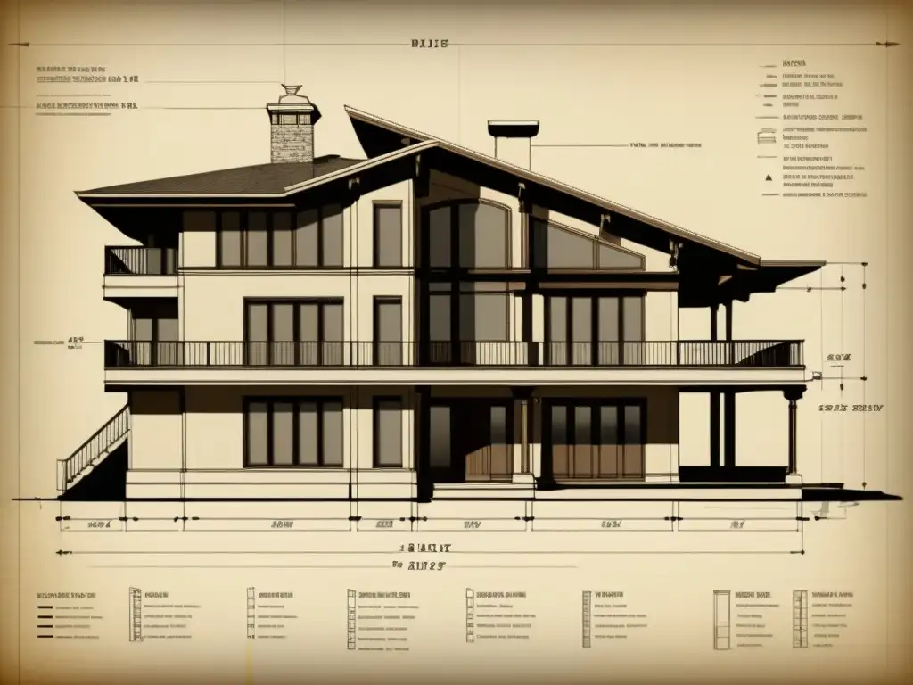 Detallado plano arquitectónico vintage en sepia, muestra el dominio de Autodesk Revit en diseño de edificios