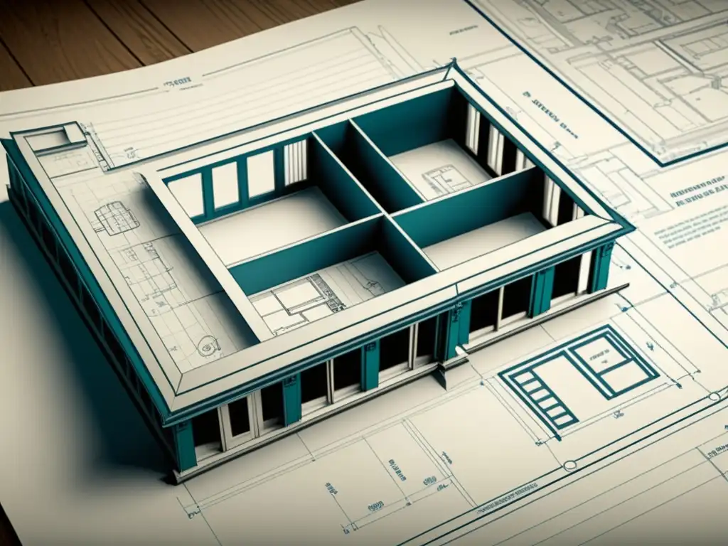 Detallado plano arquitectónico vintage con elementos de Autodesk Revit, evocando dominio en arquitectura moderna