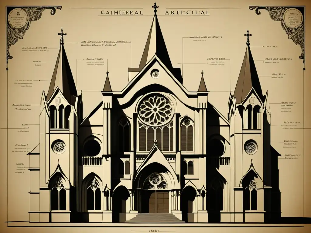 Detallado plano arquitectónico vintage de una catedral, desplegado parcialmente en tonos sepia