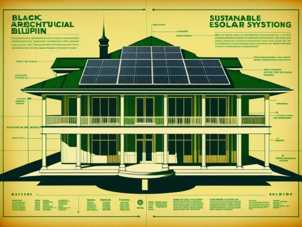 Detallado plano arquitectónico vintage en blanco y negro de un edificio ecológico sostenible, evocando historia y diseño innovador