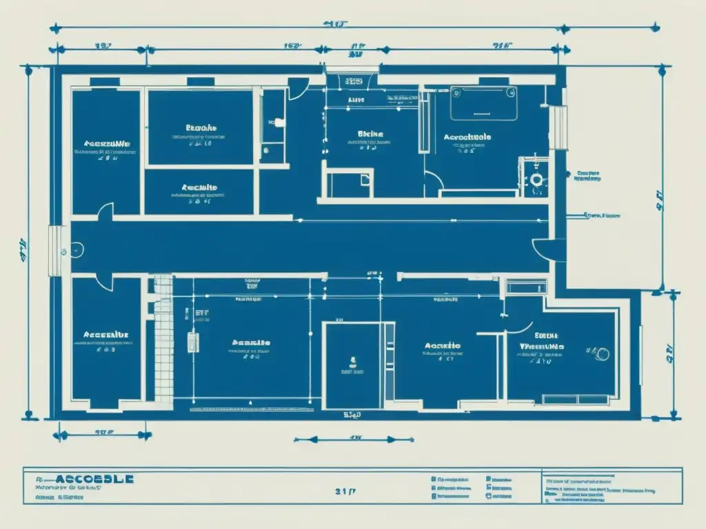 Un detallado plano arquitectónico vintage destaca la accesibilidad con rampas para silla de ruedas, puertas amplias y baños accesibles