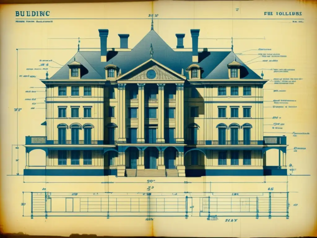 Detallado plano arquitectónico vintage con anotaciones a mano y medidas en tinta desgastada