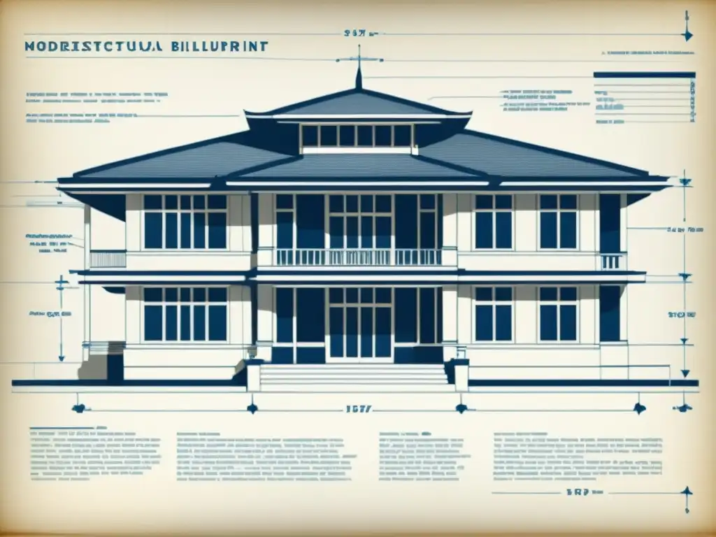 Detallado plano arquitectónico vintage con anotaciones y llamadas, mostrando diseño modernista