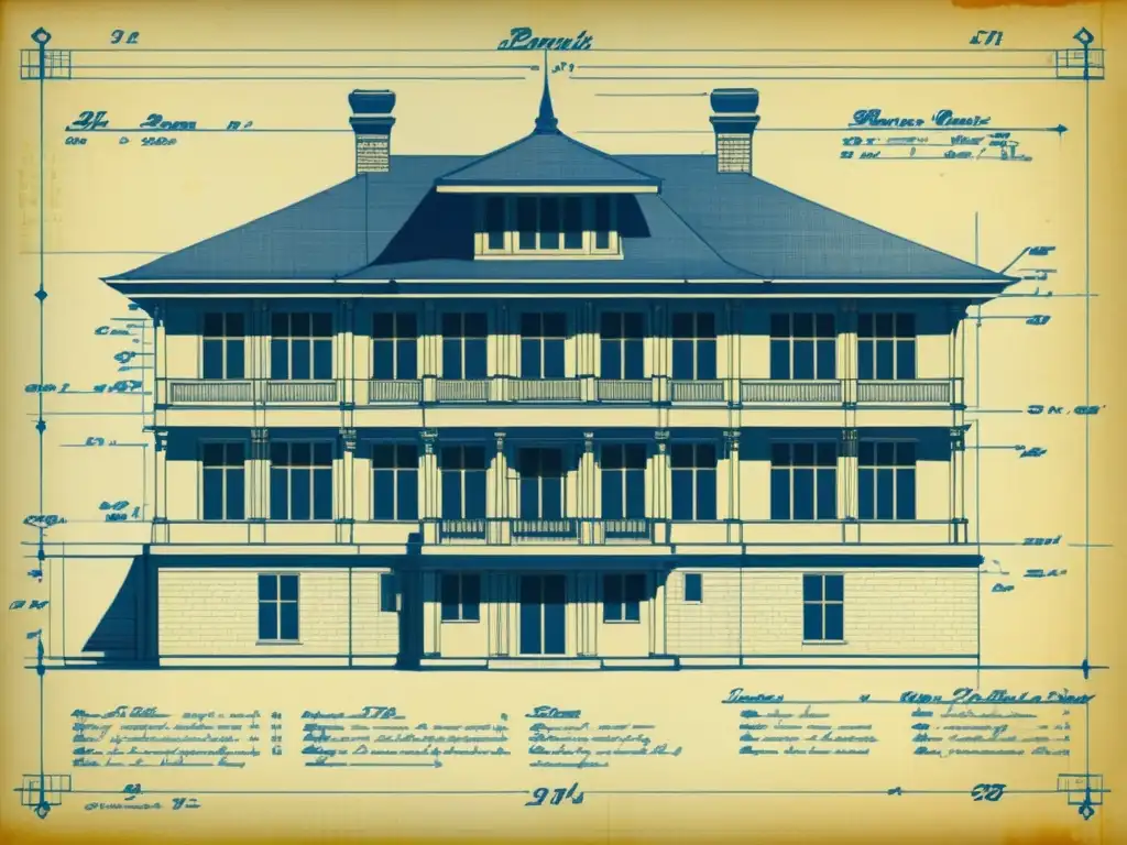 Detallado plano arquitectónico vintage con anotaciones a mano, mostrando la precisión del BIM