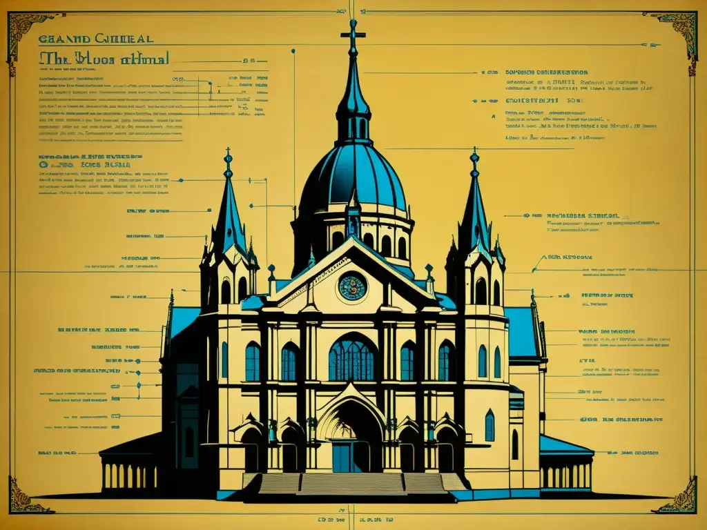 Un detallado plano arquitectónico vintage de una grandiosa catedral con diseños intrincados y medidas precisas