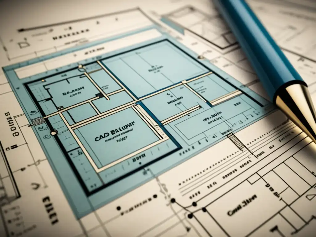 Un detallado plano arquitectónico vintage muestra la integración de softwares de diseño, realzando la nostalgia y profesionalismo de la imagen