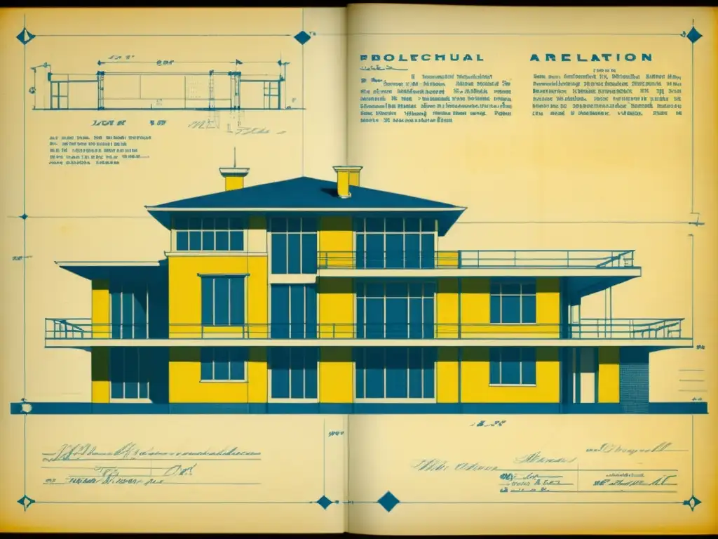 Un detallado plano arquitectónico vintage con notas manuscritas en los márgenes, mostrando innovadora automatización en estudios de diseño arquitectónico