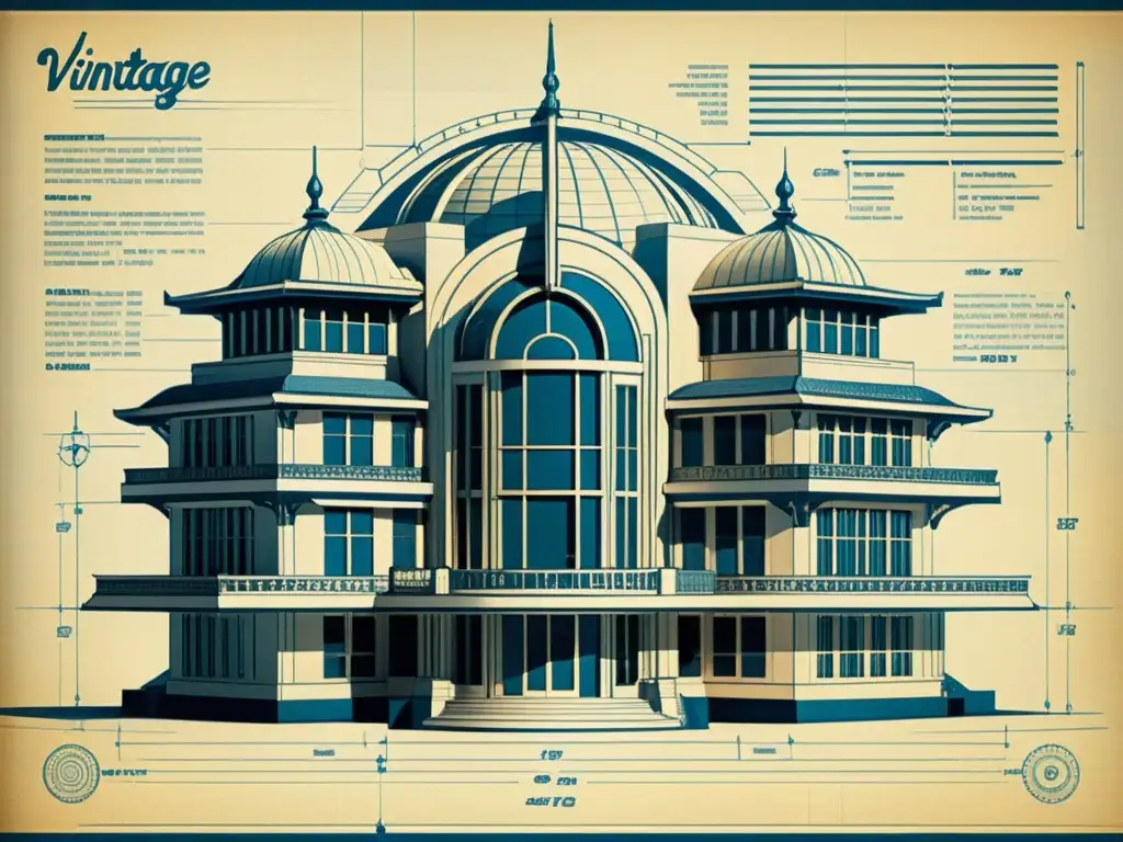 Detallado plano arquitectónico vintage de un edificio futurista, resaltando aplicaciones prácticas de impresión 3D en diseño histórico-moderno