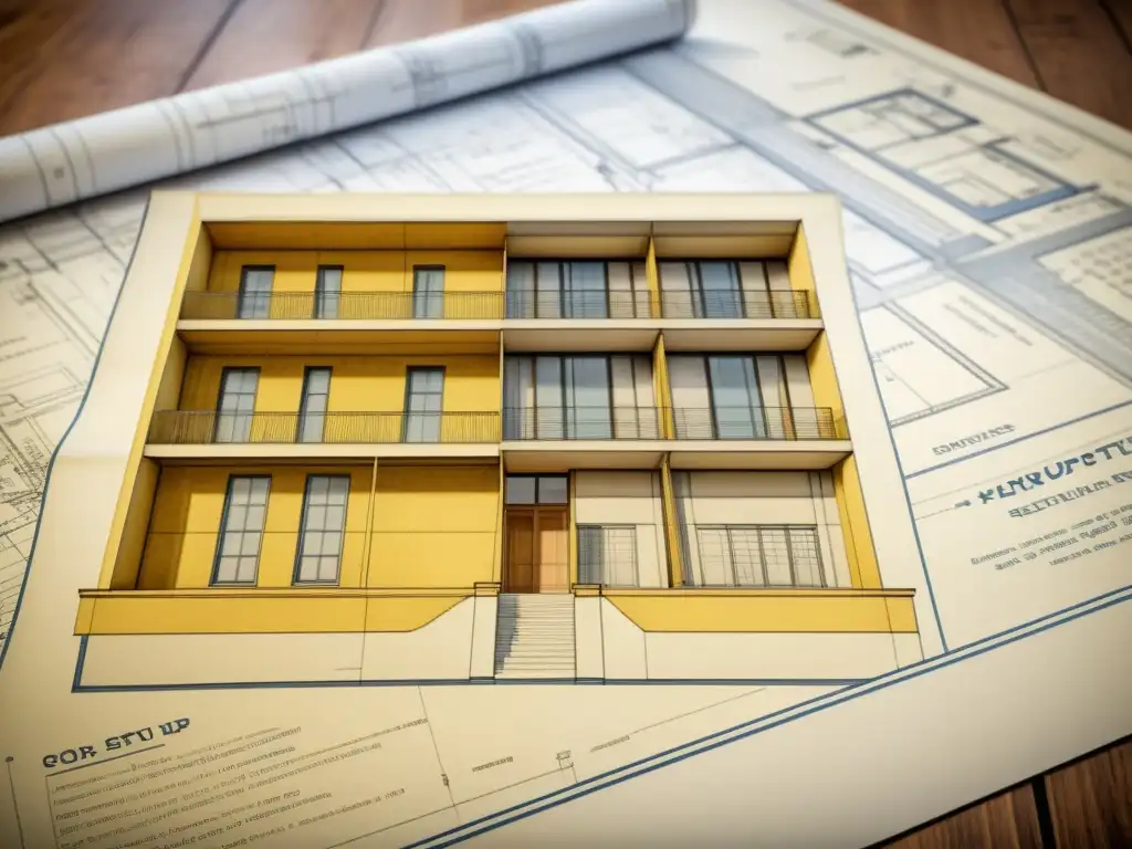 Detallado plano arquitectónico vintage comparando SketchUp y Revit para diseño y análisis de costos