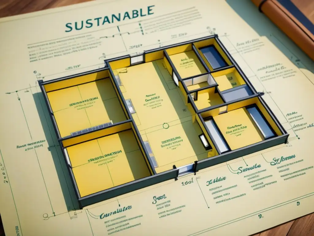 Planos arquitectónicos vintage con certificación BREEAM y diseño sostenible Detallado plano arquitectónico vintage con certificación BREEAM en construcción sostenible, destacando elementos sostenibles y elegante artesanía