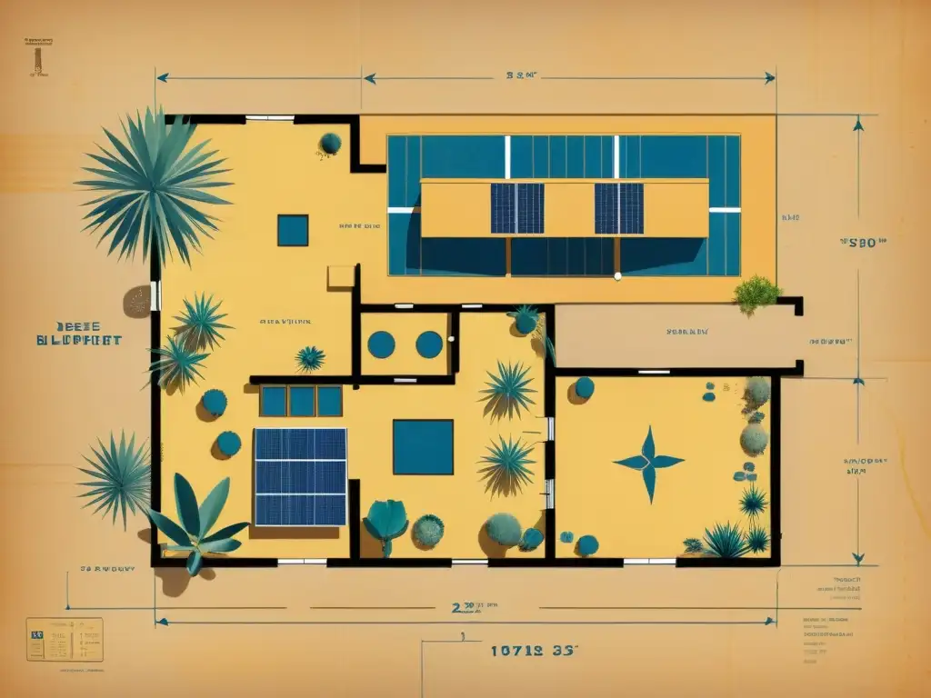 Detallado plano arquitectónico vintage de una vivienda sostenible en el desierto con adobe, paneles solares y plantas resistentes a la sequía