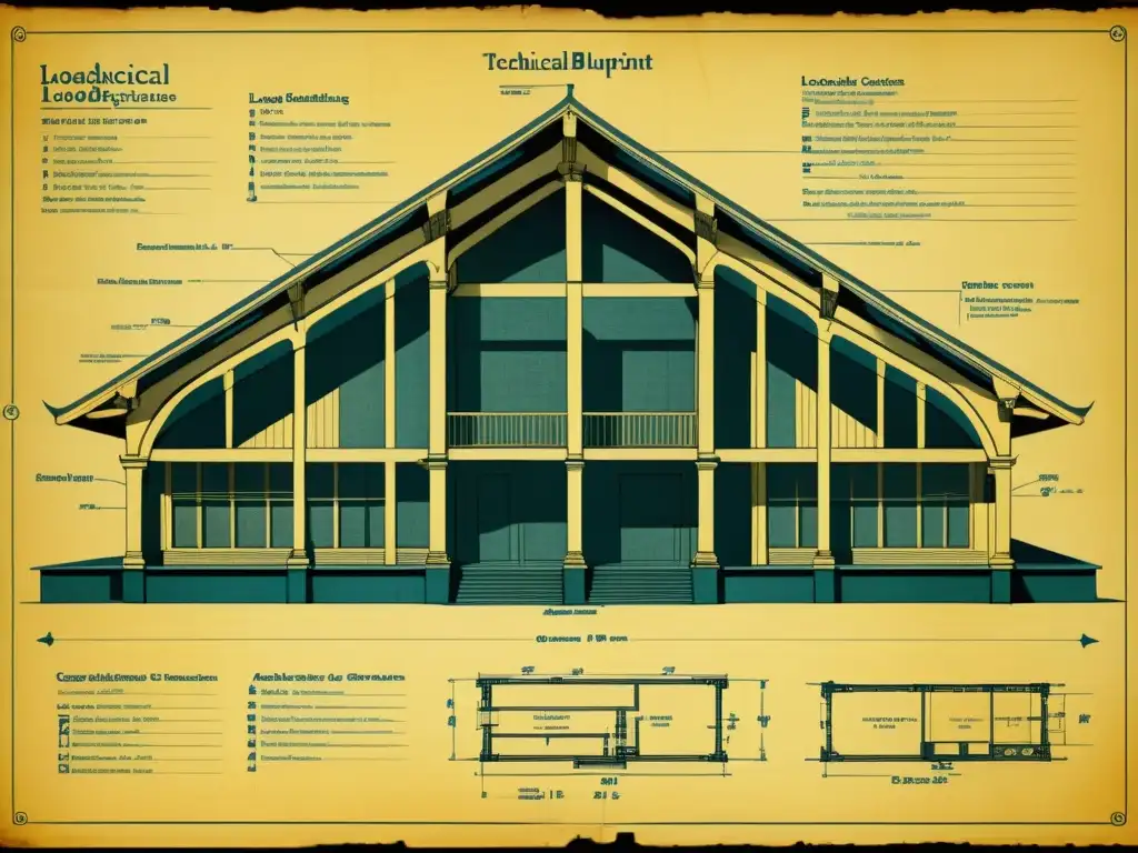 Un detallado plano técnico de aspecto vintage de una estructura arquitectónica, evocando experiencia atemporal en análisis estructural