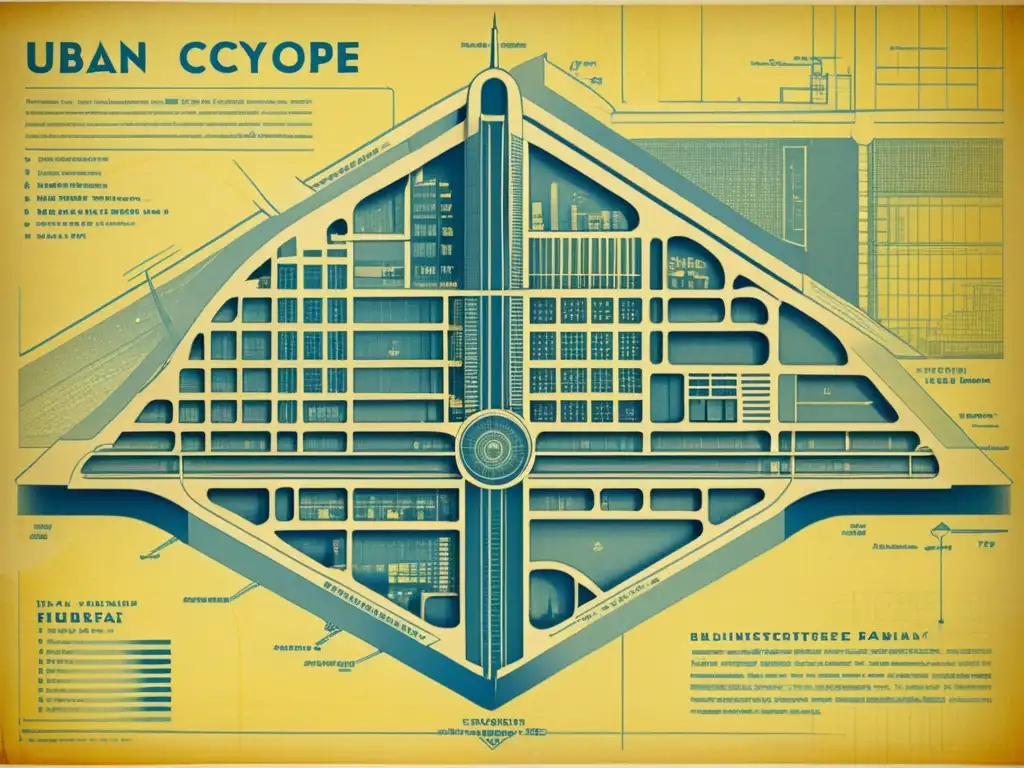 Detallado plano urbano futurista con innovaciones tecnológicas construcción urbana