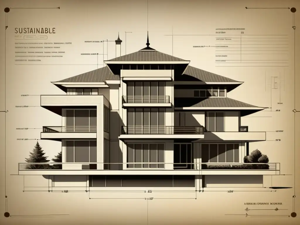 Un detallado plano vintage de diseño arquitectónico sustentable con climatización inteligente, fusionando elementos tradicionales y modernos