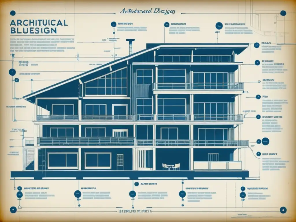 Un detallado plano vintage de diseño arquitectónico para equipos remotos, con anotaciones y bocetos interconectados