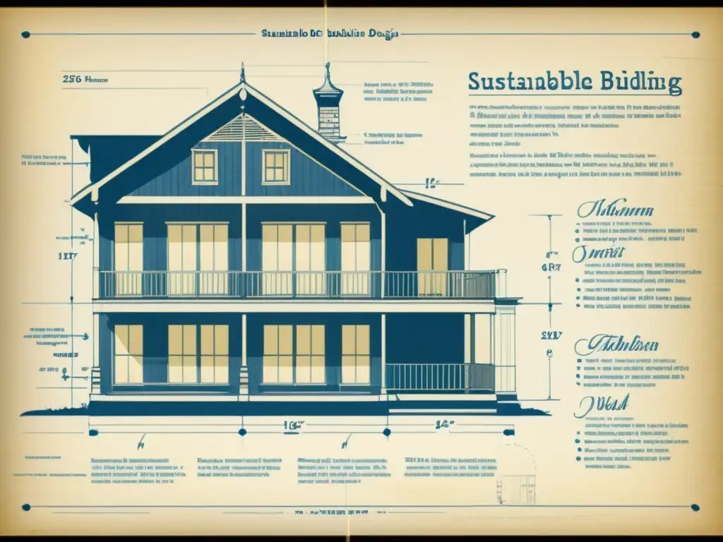 Un detallado plano vintage de diseño de edificio sostenible, con certificaciones WELL para arquitectura sostenible, rodeado de herramientas arquitectónicas