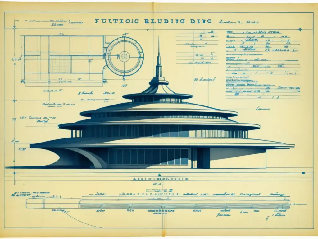 Detallado plano vintage de un edificio futurista con notas escritas a mano y cálculos en los márgenes, evocando historia y artesanía en el diseño arquitectónico con Machine Learning