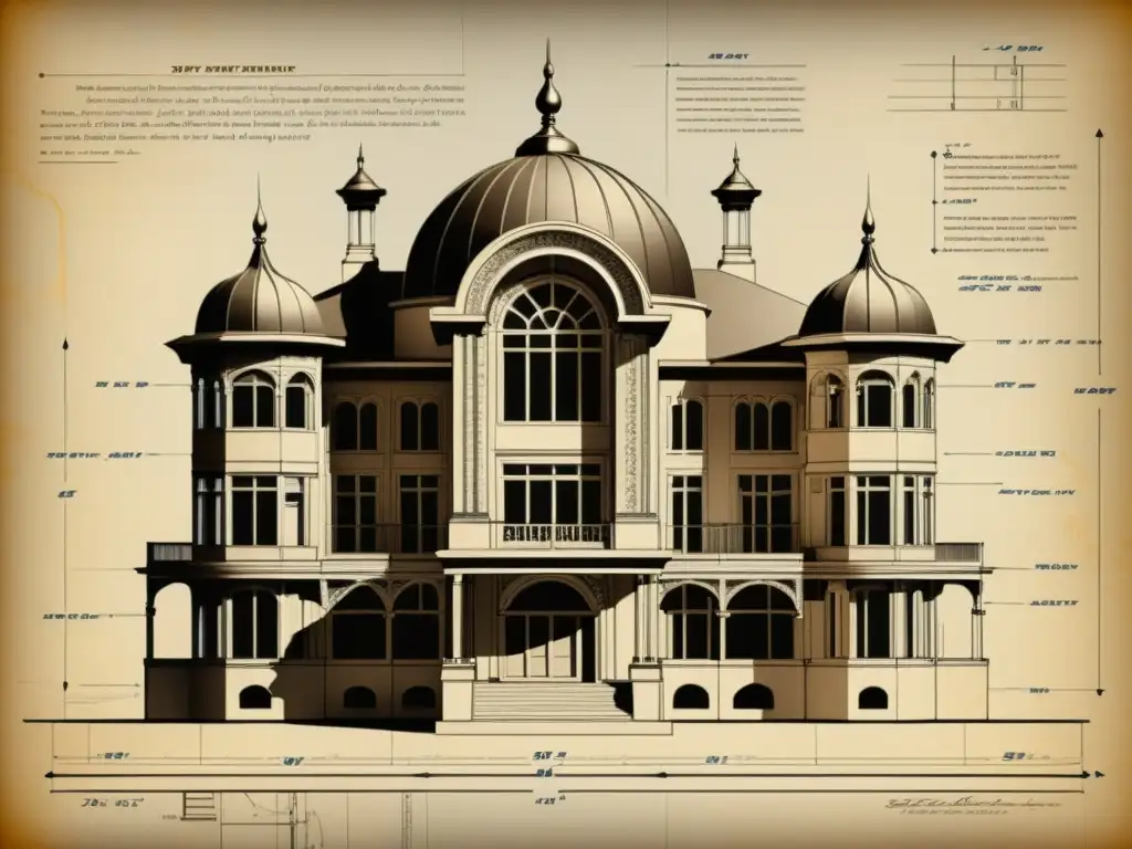 Detallado plano vintage de estructura arquitectónica con transición diseño arquitectónico 3D