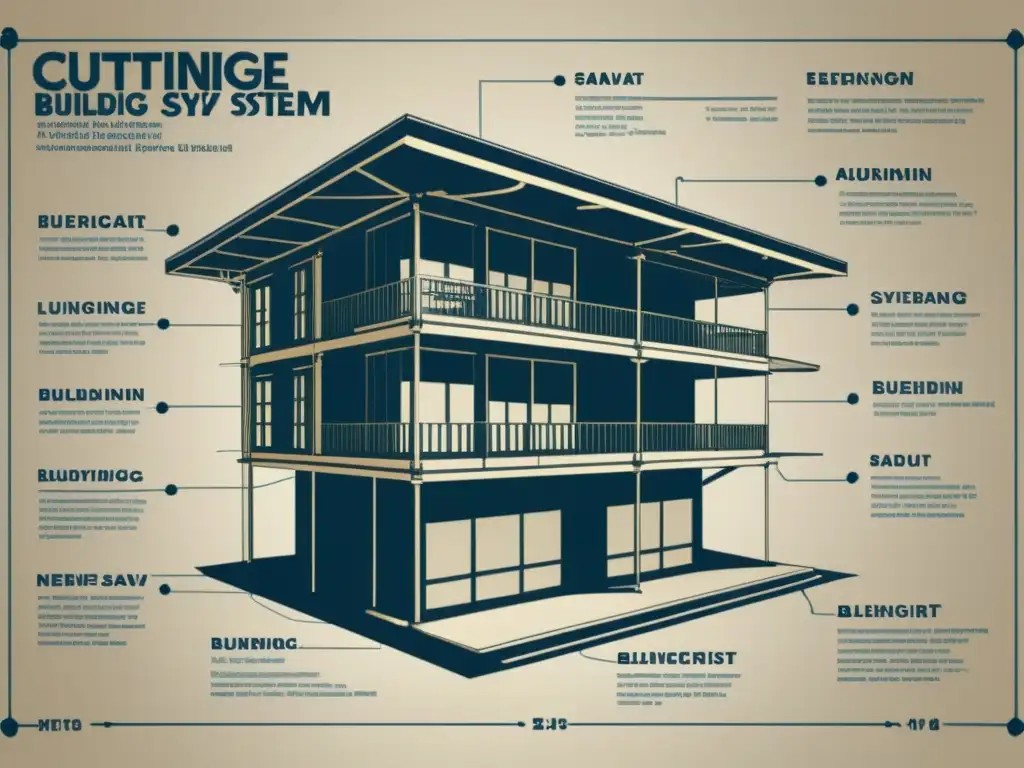 Un detallado plano vintage de un sistema de automatización arquitectónica para eficiencia energética, con intrincados detalles y un sofisticado diseño energéticamente eficiente