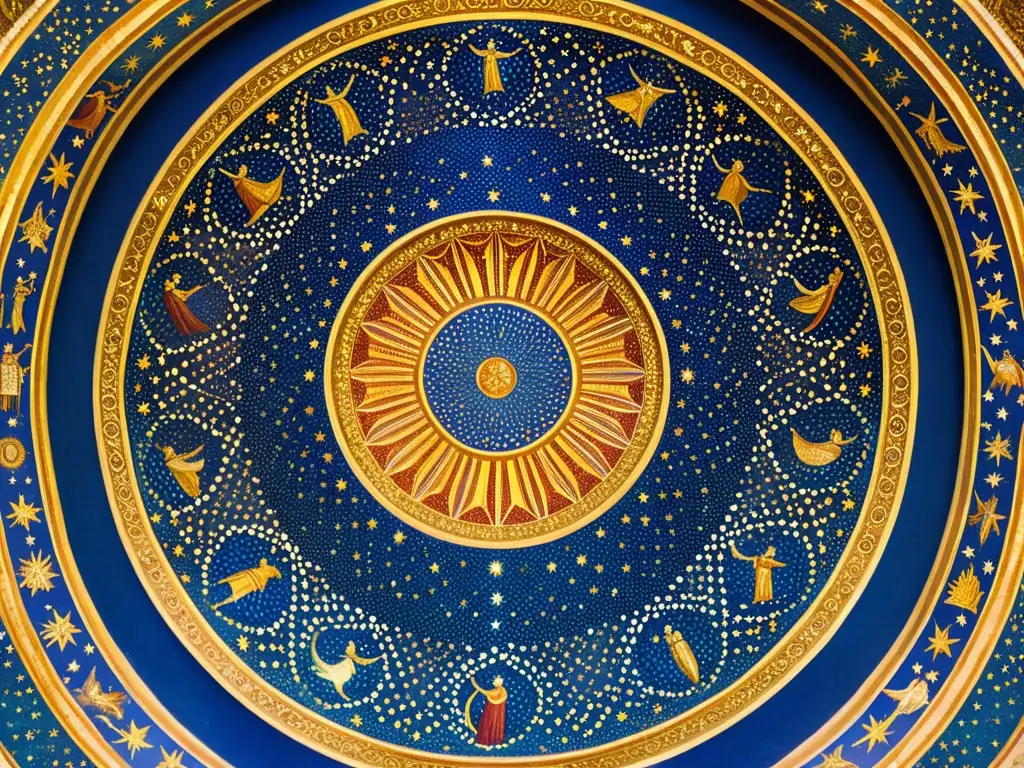 Detallado techo de mosaico en la basílica de San Vitale, Rávena: arquitectura celestial en tonos dorados, rojos y azules