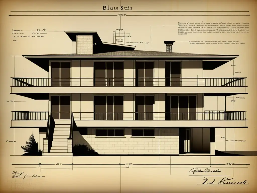 Detallados planos arquitectónicos vintage, evocando la artesanía y experiencia en diseño, comparativa SketchUp vs Revit arquitectura