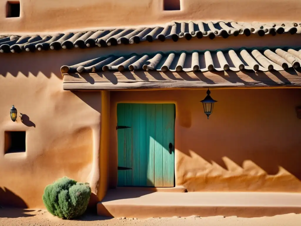 Detalle de una antigua construcción de tierra resistente milenaria, bañada por cálida luz solar y mostrando su belleza atemporal