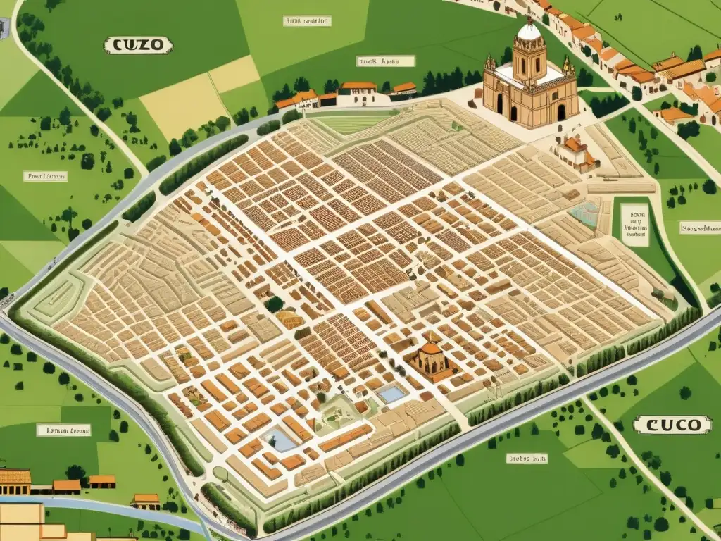 Detalle de un antiguo mapa de Cuzco, Perú, resaltando la planificación urbanística en el imperio Inca y su rica herencia histórica