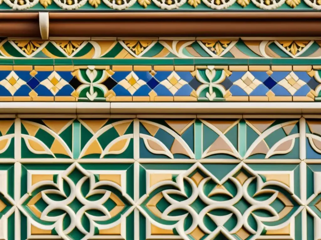 Detalle de un antiguo mosaico en la fachada de un edificio, mostrando patrones y estampados en diseño gráfico con elegancia y encanto nostálgico