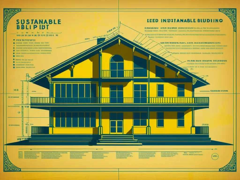 Detalle de un antiguo plano arquitectónico con Certificaciones LEED para proyectos arquitectónicos, resaltando la sostenibilidad y la historia