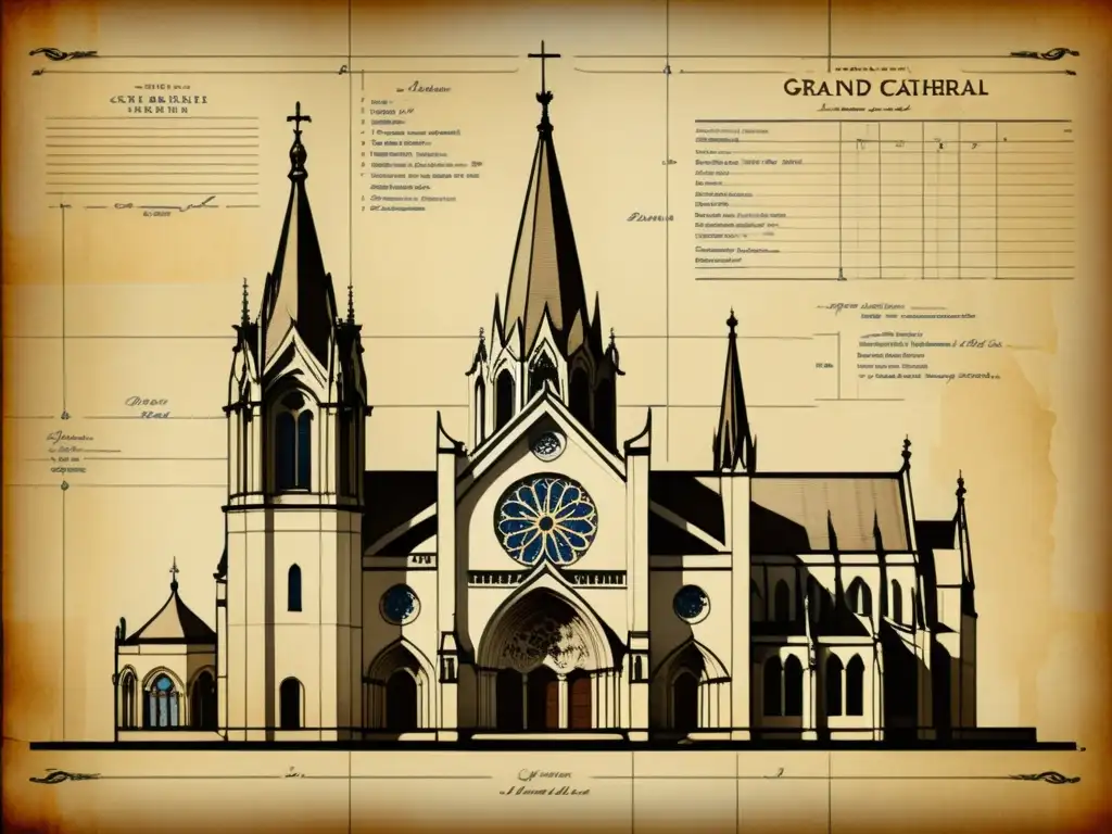 Detalle antiguo de plano arquitectónico de catedral en sepia envejecido