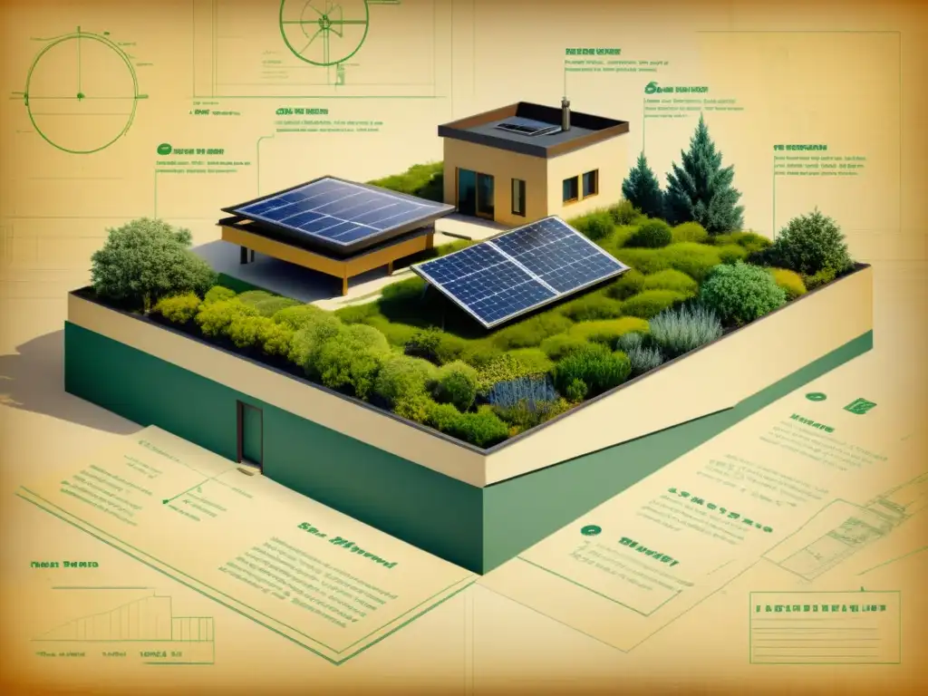 Detalle de antiguo plano arquitectónico con innovaciones tecnológicas para arquitectura sostenible del futuro