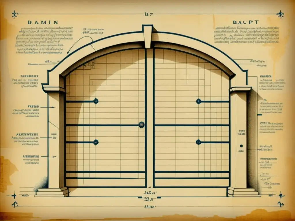 Detalle de ilustración vintage de un antiguo plano arquitectónico con elementos de accesibilidad y anotaciones detalladas