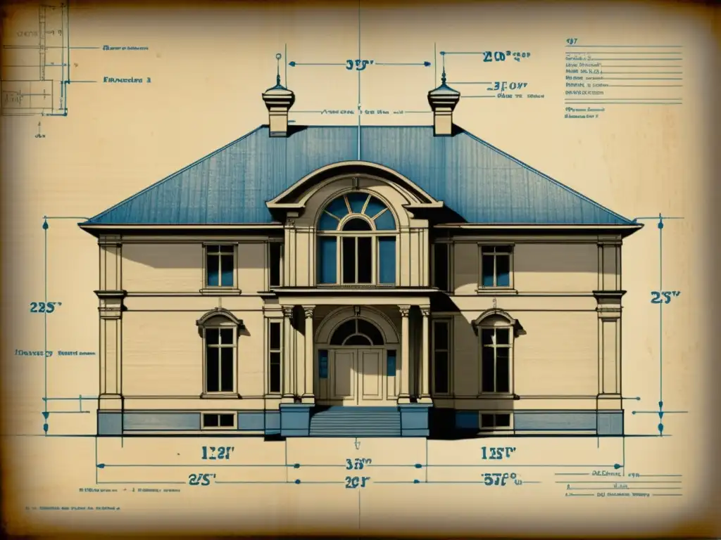 Detalle de un antiguo plano arquitectónico con dibujos a mano y anotaciones, en tonos sepia