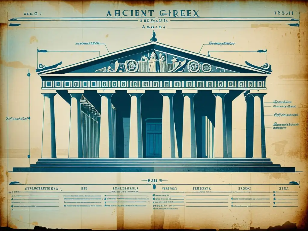 Detalle de antiguo plano arquitectónico romano o griego con técnicas constructivas de mampostería en Grecia y Roma, evocando autenticidad histórica